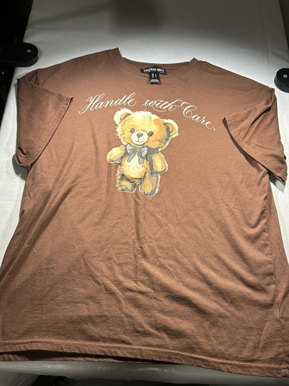 Streetwear Society Brown Teddy Bear Handle With Care Graphic T-Shirt